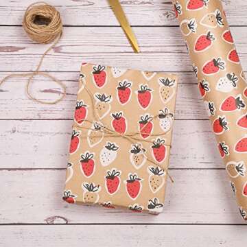 RUSPEPA Kraft Wrapping Paper Roll - Mini Roll - Strawberry Design for All Occasions - 17 Inches X 32.8 Feet