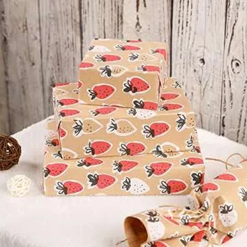 RUSPEPA Kraft Wrapping Paper Roll - Mini Roll - Strawberry Design for All Occasions - 17 Inches X 32.8 Feet