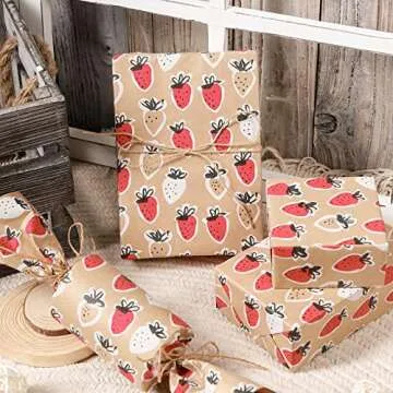 RUSPEPA Kraft Wrapping Paper Roll - Mini Roll - Strawberry Design for All Occasions - 17 Inches X 32.8 Feet