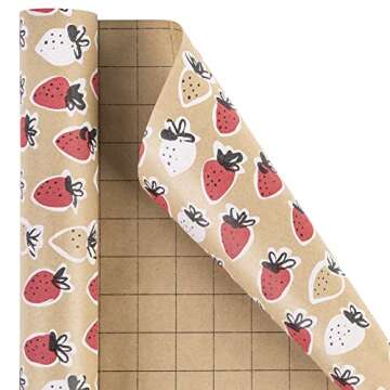 RUSPEPA Kraft Wrapping Paper Roll - Mini Roll - Strawberry Design for All Occasions - 17 Inches X 32.8 Feet