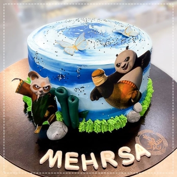 کیک تولد کونگ‌فو پاندا آبی آبرنگی کودک بامبو و پروانه ?...