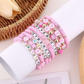 9 pcs Breast Cancer Bracelets Beaded Pink Breast Cancer Bracelets Breast Cancer Awareness Bracelets ...