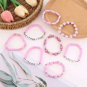 9 pcs Breast Cancer Bracelets Beaded Pink Breast Cancer Bracelets Breast Cancer Awareness Bracelets Hope Faith Strength Courage Accessories Pink Ribbon Bracelets for Women Breast Cancer Awareness Gifts