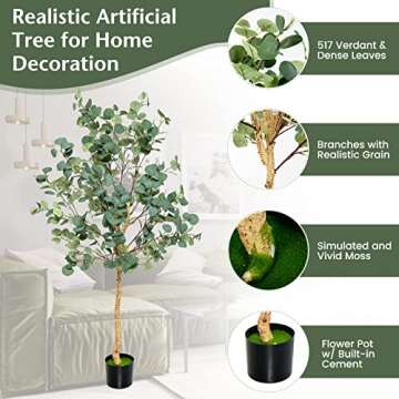 Goplus 5.5ft Artificial Eucalyptus Tree, Tall Faux Eucalyptus Stems Fake Plants in Pot with 517 Silver Dollar Leaves, Artificial Trees for Office House Living Room Home Decor Indoor