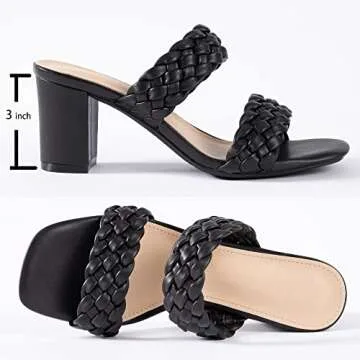 N.N.G Women Heels Sandals Black Size 7.5 Dressy Chunky Heel Braided Summer Block Comfort Leather Cas...