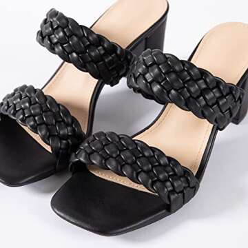 N.N.G Women Heels Sandals Black Size 7.5 Dressy Chunky Heel Braided Summer Block Comfort Leather Casual Square toe
