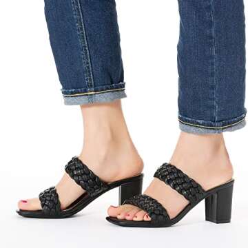 N.N.G Women Heels Sandals Black Size 7.5 Dressy Chunky Heel Braided Summer Block Comfort Leather Casual Square toe