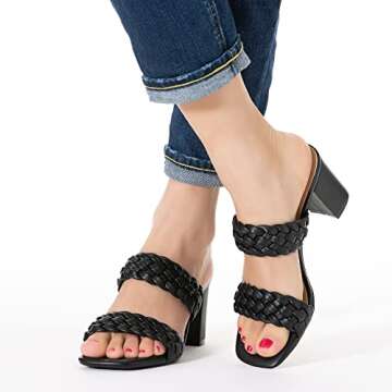 N.N.G Women Heels Sandals Black Size 7.5 Dressy Chunky Heel Braided Summer Block Comfort Leather Casual Square toe