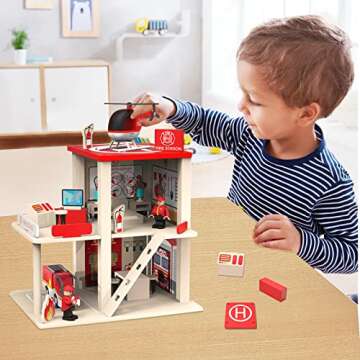 BBtinker Wooden Fire Station Playset, Multicolor 3-Level Pretend Play Dollhouse with Figures, Truck, Helicopter and Accessories, Preschool Learning Educational Toys for Toddlers Kids Age 3 and up