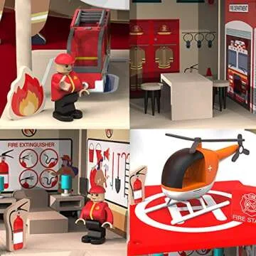 BBtinker Wooden Fire Station Playset, Multicolor 3-Level Pretend Play Dollhouse with Figures, Truck, Helicopter and Accessories, Preschool Learning Educational Toys for Toddlers Kids Age 3 and up