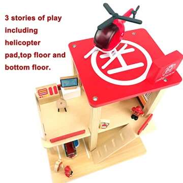 BBtinker Wooden Fire Station Playset, Multicolor 3-Level Pretend Play Dollhouse with Figures, Truck, Helicopter and Accessories, Preschool Learning Educational Toys for Toddlers Kids Age 3 and up