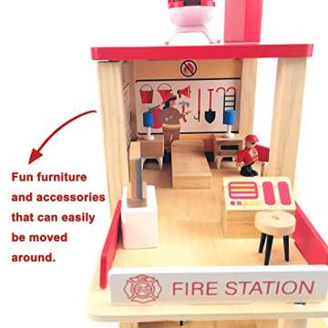 BBtinker Wooden Fire Station Playset, Multicolor 3-Level Pretend Play Dollhouse with Figures, Truck, Helicopter and Accessories, Preschool Learning Educational Toys for Toddlers Kids Age 3 and up