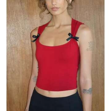 KIGRAD Women Y2k Bow Tank Top Sleeveless Scoop Neck Crop Tops Aesthetic Bow Cami Shirts Preppy Clothes Summer Going Out Red