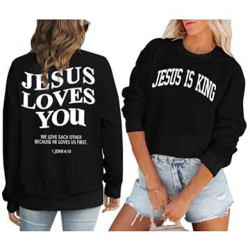 Zylkor Christian Sweatshirts for Women - Jesus is King & Jesus Loves You Letter Sweatshirt - Black