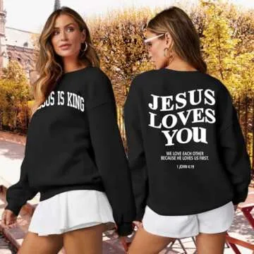Zylkor Christian Sweatshirts for Women - Jesus is King & Jesus Loves You Letter Sweatshirt - Black