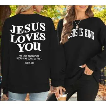 Zylkor Christian Sweatshirts for Women - Jesus is King & Jesus Loves You Letter Sweatshirt - Black
