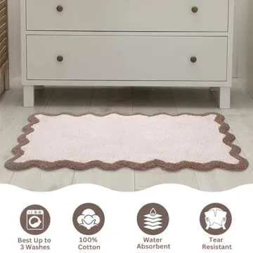 Folkulture Bathroom Rug or Bath Mats for Bathroom Décor, 100% Cotton Beige Bath Rug, Bathroom Mat or Bathtub Mat for Shower Accessories, 32"X20" Absorbent Rug, Scallop Bathroom Runner Rug