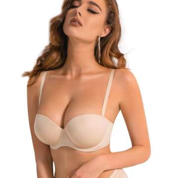 Plusexy Women's Push Up Strapless Bra Thick Padded Underwire Convertible Multiway Bras Nude 32C