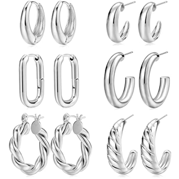 Stylish 14K Gold Plated Silver Hoop Earrings Set for Women - 6 Unique Designs
