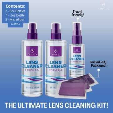Optix 55 Lens Cleaner Spray Kit - Alcohol & Ammonia Free | (2) 8oz + (1) 2oz Eye Glasses (3) Microfiber Cloths Safe for Eyeglasses, Lenses Screens Streak-Free, Unscented (18 Fl Oz)