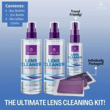 Optix 55 Lens Cleaner Spray Kit - Alcohol & Ammonia Free | (2) 8oz + (1) 2oz Eye Glasses (3) Microfiber Cloths Safe for Eyeglasses, Lenses Screens Streak-Free, Unscented (18 Fl Oz)