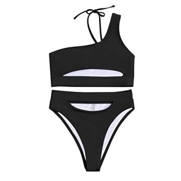 Lilosy Petite Cutout One Shoulder High Waisted Cut Leg Thong Brazilian Bikini Swimsuit Set Women Cheeky Bottom Bathing Suit 2 Two Piece Knotted Black X-Small