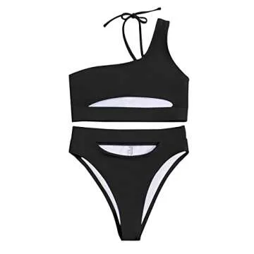 Lilosy Petite Cutout One Shoulder High Waisted Cut Leg Thong Brazilian Bikini Swimsuit Set Women Cheeky Bottom Bathing Suit 2 Two Piece Knotted Black X-Small