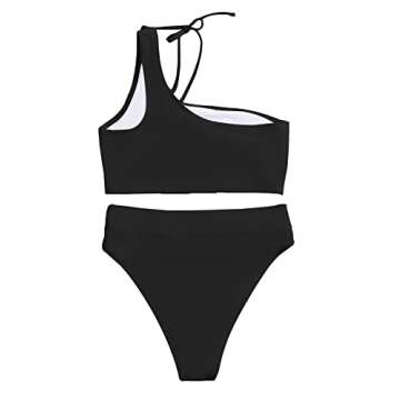 Lilosy Petite Cutout One Shoulder High Waisted Cut Leg Thong Brazilian Bikini Swimsuit Set Women Cheeky Bottom Bathing Suit 2 Two Piece Knotted Black X-Small
