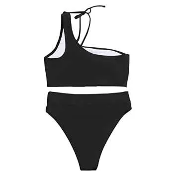 Lilosy Petite Cutout One Shoulder High Waisted Cut Leg Thong Brazilian Bikini Swimsuit Set Women Cheeky Bottom Bathing Suit 2 Two Piece Knotted Black X-Small