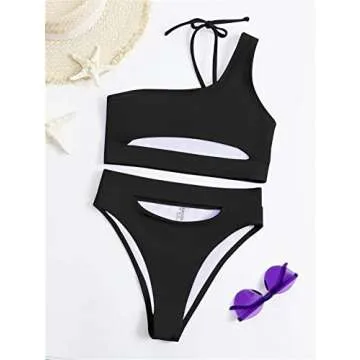 Lilosy Petite Cutout One Shoulder High Waisted Cut Leg Thong Brazilian Bikini Swimsuit Set Women Cheeky Bottom Bathing Suit 2 Two Piece Knotted Black X-Small