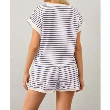 MISSACTIVER 2 Piece Lounge Set Women Stripe Knit Short Sleeve Tee Shirts Shorts Casual Summer Loungewear Shorts Sets