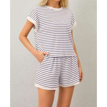 MISSACTIVER 2 Piece Lounge Set Women Stripe Knit Short Sleeve Tee Shirts Shorts Casual Summer Loungewear Shorts Sets