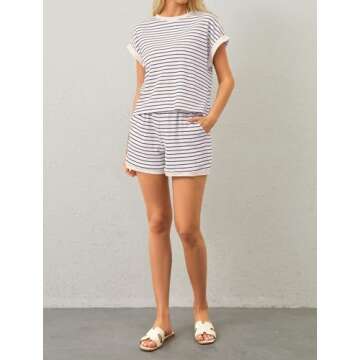 MISSACTIVER 2 Piece Lounge Set Women Stripe Knit Short Sleeve Tee Shirts Shorts Casual Summer Loungewear Shorts Sets