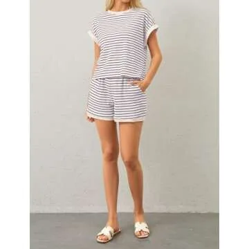 MISSACTIVER 2 Piece Lounge Set Women Stripe Knit Short Sleeve Tee Shirts Shorts Casual Summer Loungewear Shorts Sets