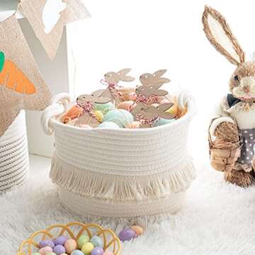 CherryNow Small Woven Storage Baskets Cotton Rope Decorative Hamper for Diaper, Blankets, Magazine and Keys, Cute Tassel Nursery Decor - Home Storage Container – 9.5'' x 7'' Off-white