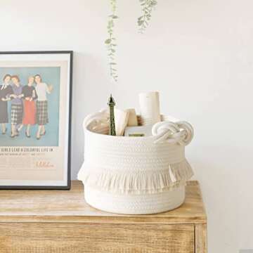 CherryNow Small Woven Storage Baskets Cotton Rope Decorative Hamper for Diaper, Blankets, Magazine and Keys, Cute Tassel Nursery Decor - Home Storage Container – 9.5'' x 7'' Off-white