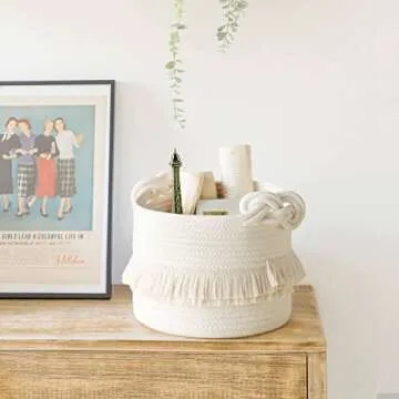 CherryNow Small Woven Storage Baskets Cotton Rope Decorative Hamper for Diaper, Blankets, Magazine and Keys, Cute Tassel Nursery Decor - Home Storage Container – 9.5'' x 7'' Off-white