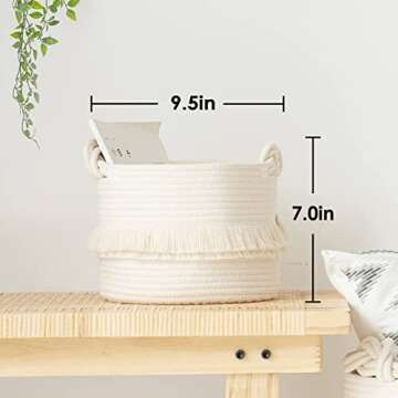 CherryNow Small Woven Storage Baskets Cotton Rope Decorative Hamper for Diaper, Blankets, Magazine and Keys, Cute Tassel Nursery Decor - Home Storage Container – 9.5'' x 7'' Off-white