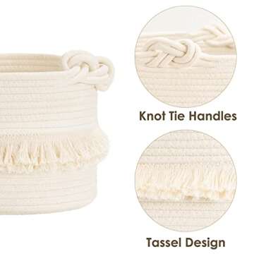 CherryNow Small Woven Storage Baskets Cotton Rope Decorative Hamper for Diaper, Blankets, Magazine and Keys, Cute Tassel Nursery Decor - Home Storage Container – 9.5'' x 7'' Off-white