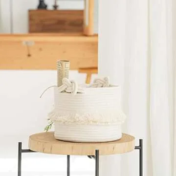 CherryNow Small Woven Storage Baskets Cotton Rope Decorative Hamper for Diaper, Blankets, Magazine and Keys, Cute Tassel Nursery Decor - Home Storage Container – 9.5'' x 7'' Off-white