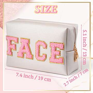 Y1tvei Preppy Patch FACE Letter Cosmetic Toiletry Bag PU Leather Portable Makeup Bag Sewn with Cheni...