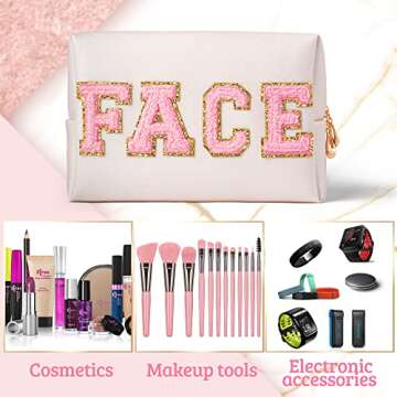 Y1tvei Preppy Patch FACE Letter Cosmetic Toiletry Bag PU Leather Portable Makeup Bag Sewn with Chenille Varsity Letter Patches Waterproof Zipper Pouch Travel Organizer for Women Girls Teen(Shell Gold)