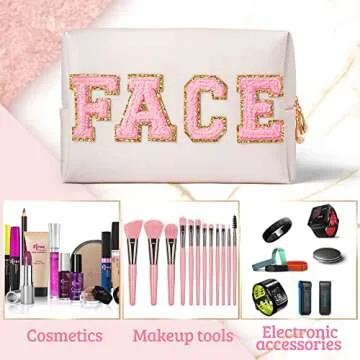 Y1tvei Preppy Patch FACE Letter Cosmetic Toiletry Bag PU Leather Portable Makeup Bag Sewn with Chenille Varsity Letter Patches Waterproof Zipper Pouch Travel Organizer for Women Girls Teen(Shell Gold)