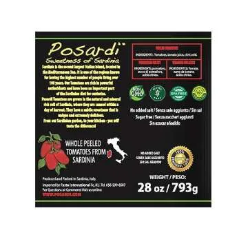 Posardi Whole Peeled Tomatoes - Sardinia, Italy (blue zone) - 100% Pesticide FREE/Non GMO - 28oz Can (6 Pack)
