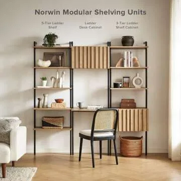 mopio Norwin Ladder Shelf, Wall Mounted Open Rack with Cabinet & Desk, Wall Book Shelves, Modern Farmhouse Industrial Bookcase, Shelving Unit, Standing Desk Shelf, Living Room, Bedroom (Set of 3)