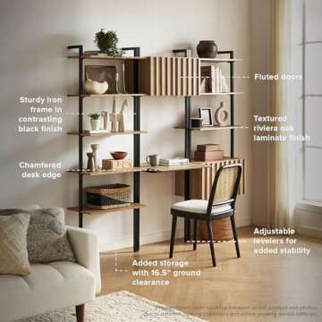 mopio Norwin Ladder Shelf, Wall Mounted Open Rack with Cabinet & Desk, Wall Book Shelves, Modern Farmhouse Industrial Bookcase, Shelving Unit, Standing Desk Shelf, Living Room, Bedroom (Set of 3)