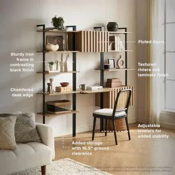 mopio Norwin Ladder Shelf, Wall Mounted Open Rack with Cabinet & Desk, Wall Book Shelves, Modern Farmhouse Industrial Bookcase, Shelving Unit, Standing Desk Shelf, Living Room, Bedroom (Set of 3)