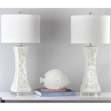 SAFAVIEH Lighting Collection Shelley Coastal White Concave Capiz Shell 31-inch Bedroom Living Room H...
