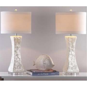 SAFAVIEH Lighting Collection Shelley Coastal White Concave Capiz Shell 31-inch Bedroom Living Room Home Office Desk Nightstand Table Lamp Set of 2 (LED Bulbs Included)