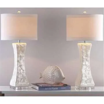 SAFAVIEH Lighting Collection Shelley Coastal White Concave Capiz Shell 31-inch Bedroom Living Room Home Office Desk Nightstand Table Lamp Set of 2 (LED Bulbs Included)